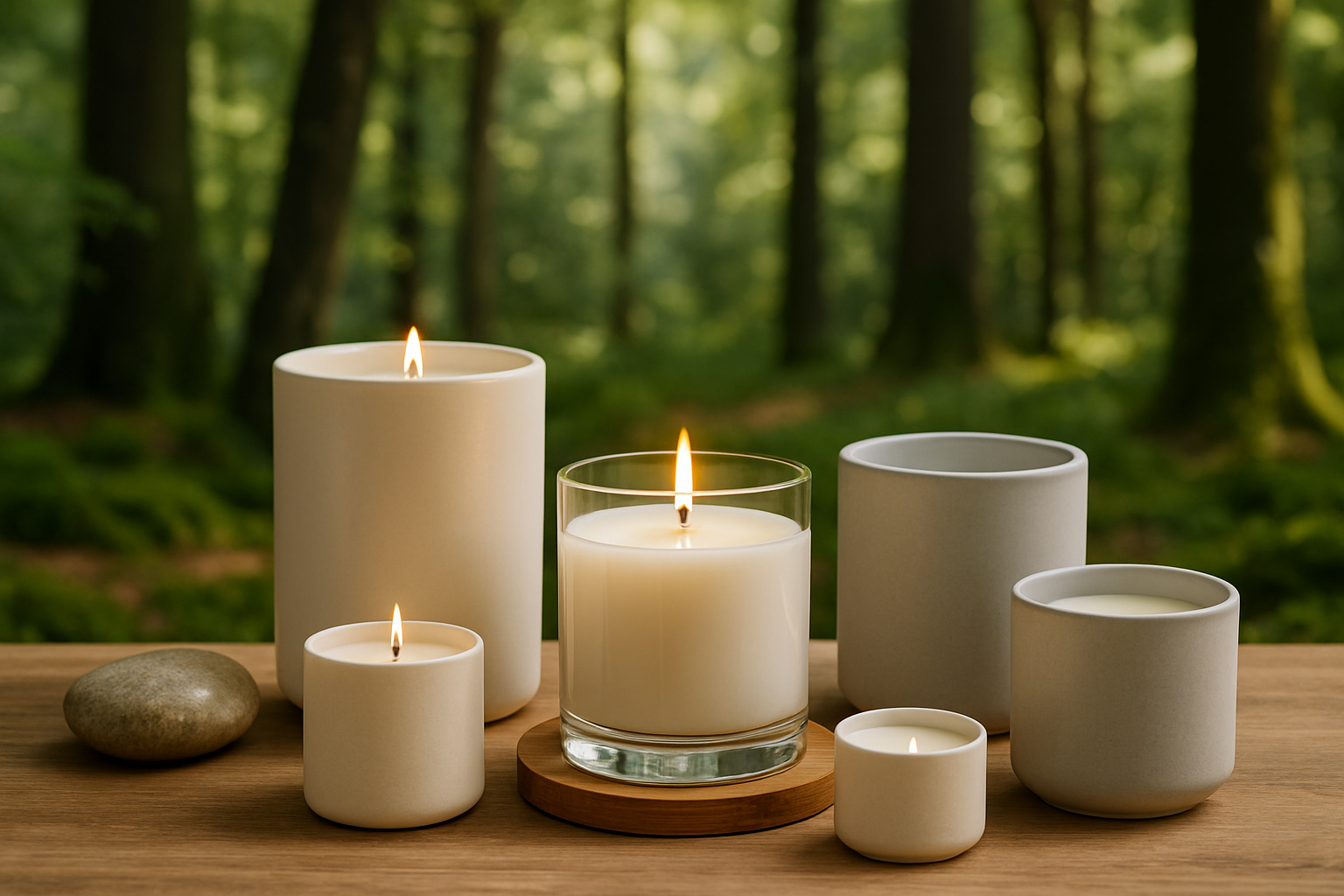 Umweltfreundliche elegante und luxuriöse Kerzen mit Natur im Hintergrund 